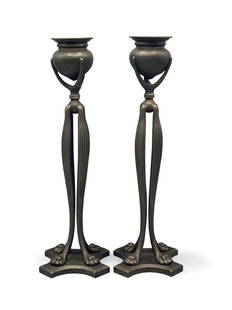 Tiffany Studios Art Nouveau Candlesticks: A pair of Tiffany Studios circa 1900 Art Nouveau bronze candlesticks resting on four paw feet. Stamped "Tiffany Studios New York 1201" on base. 11in tall x 3-1/2in wide. | Philadelphia Metro area deli