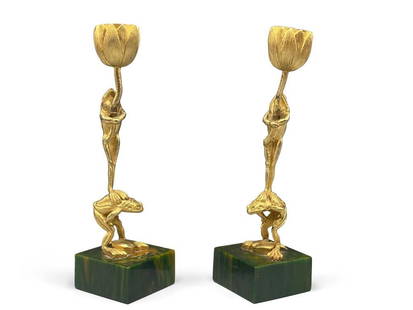 Art Nouveau Ormolu Frog Bakelite Candlesticks: A pair of Art Nouveau ormolu frog and lily candlesticks resting on green and yellow Bakelite bases. 7-1/2in tall x 2-1/2in wide. | Philadelphia Metro area delivery, NYC curbside delivery, and internat