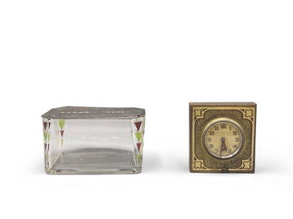 Black Starr & Frost Clock and WMF Box: A Black Starr & Frost eight-day silver travel clock with quatrefoil detail, marked on face; and a WMF Art Nouveau crystal and silver lidded box, marked on lid. Box: 2-1/2in tall x 5in wide. Clock: 3-1