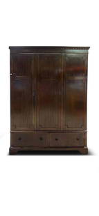 English Three-Door Armoire, Ca. 1900: An English three-door armoire circa 1900, with a fitted interior and raised on three-drawers. 83-1/2in tall x 63in wide x 20in deep. | Philadelphia Metro area delivery, NYC curbside delivery, and inte