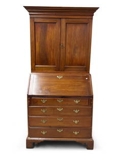 Chippendale Two-Part Secretary Desk Bookcase: A Chippendale two-part secretary desk bookcase with a fitted interior over a case with four drawers and bracket feet. 77in tall x 36in wide x 18in deep. | Philadelphia Metro area delivery, NYC curbsid