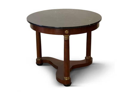Baker Marble Top Center Table: A Baker Furniture marble top French Empire-style circular center table. Metal tag on underside. 28-1/2in tall x 35in wide. | Philadelphia Metro area delivery, NYC curbside delivery, and international