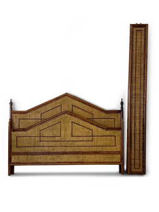 Decorator Faux Bamboo Queen-Size Bed: A decorator faux bamboo and rattan queen-size bed, complete with headboard, footboard, and rails. Headboard: 46in tall x 64in wide. | Philadelphia Metro area delivery, NYC curbside delivery, and inter