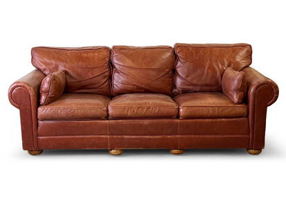 Stickley Craftsman Leather Sofa: A Stickley Craftsman Leather three-cushion sofa. 34in tall x 88in wide x 42in deep. | Philadelphia Metro area delivery, NYC curbside delivery, and international third-party shipper information are all