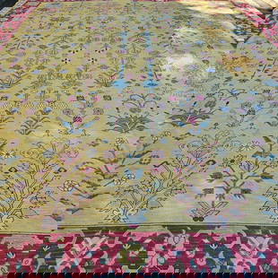 Sumack Yellow Room-Size Rug, 15ft 2in x 12ft 5in: A 100-percent wool hand knotted Sumack yellow room-size rug. 15ft 2in x 12ft 5in. | Philadelphia Metro area delivery, NYC curbside delivery, and international third-party shipper information are all a