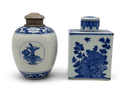 Two Chinese Blue and White Porcelain Tea Caddies: Two Chinese blue and white porcelain tea caddies, one with a hallmarked silver cover, likely Kangxi. Taller: 6in. Provenance: From a New York City Private Collection. Ex. Christies, Sept 17, 2001. | P