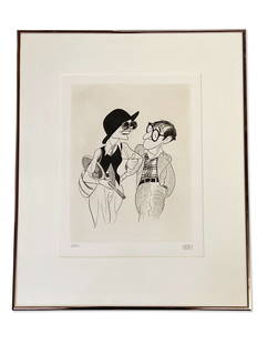 Al Hirschfeld Etching: Diane Keaton & Woody Allen: Al Hirschfeld (American, 1903-2003). An etching depicting Woody Allen and Diane Keaton from "Annie Hall", 1983. Pencil signed and numbered 6/200. Mat opening: 14-1/2in x 11-1/4in. | Philadelphia Metro