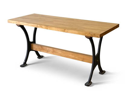 Industrial Design Console Table: An industrial design console or work table with a butcher block top on cast iron legs. 30in tall x 60in wide x 24in deep. | Philadelphia Metro area delivery, NYC curbside delivery, and international t