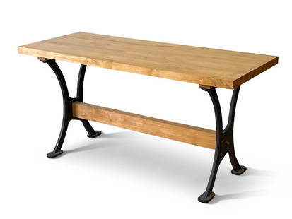 Industrial Design Console Table: An industrial design console or work table with a butcher block top on cast iron legs. 30in tall x 60in wide x 24in deep. | Philadelphia Metro area delivery, NYC curbside delivery, and international