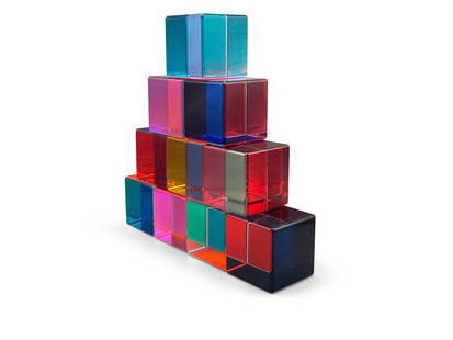 Vasa Velizar Mihich Acrylic Cube Sculptures: Vasa Velizar Mihich (Yugoslavian/American, b.1933) A grouping of colorful acrylic cube sculptures. Includes original receipt from Nan Miller Gallery in Philadelphia. Signed "Vasa 1988 C90". Each cube: