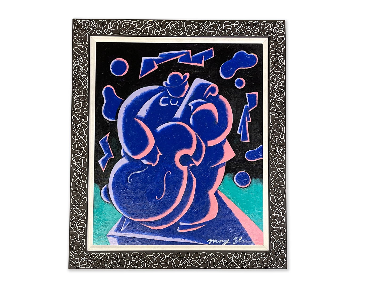 Mary Sims. Oil/Canvas, Jazz: An oil on canvas depicting a cubism-style jazz figure playing the upright bass, in a Memphis-style frame. Signed lower right. Canvas: 23in x 19-1/2in. Frame: 29in x 24-1/2in. | Philadelphia Metro area