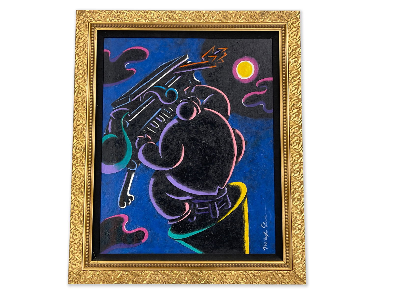 Mary Sims. Oil/Board, Jazz Piano: A Memphis-style oil on board depicting a figure playing jazz piano. Signed lower right. In a gold frame. Board: 29-1/2in x 23in. Frame: 37-1/2in x 31in. | Philadelphia Metro area delivery, NYC curbsid
