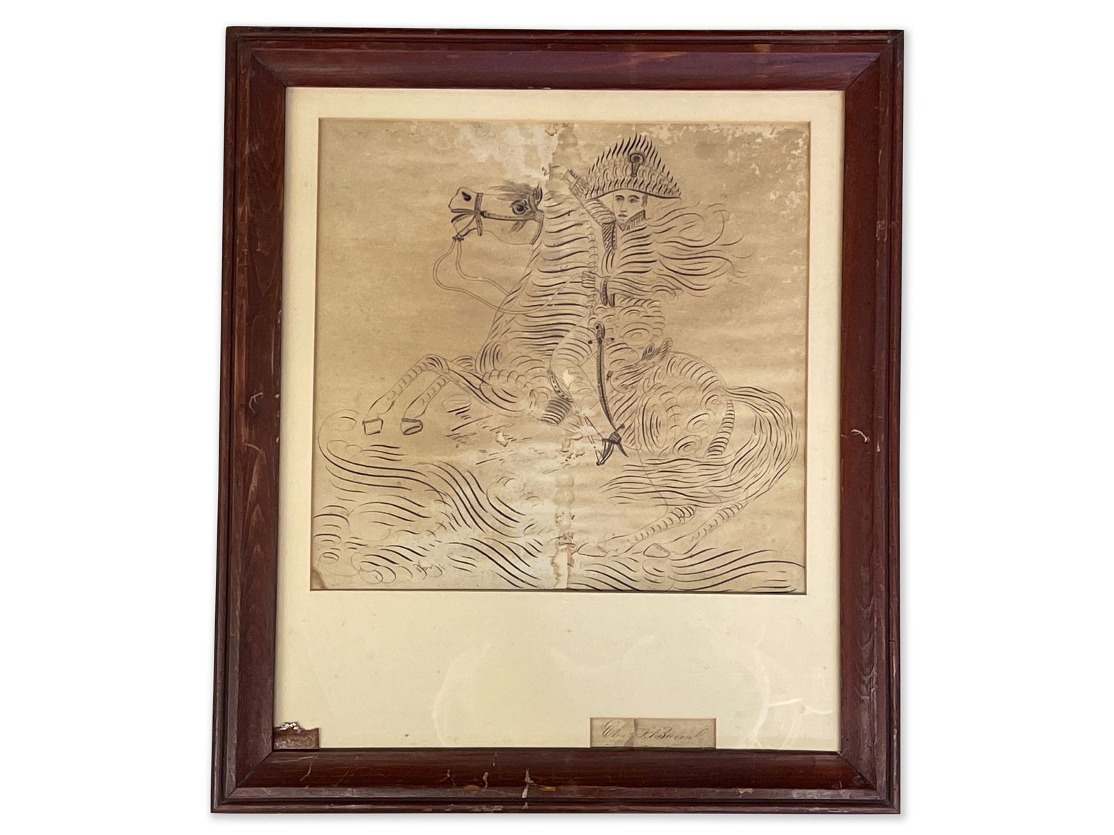 19th C. Pen & Ink Folk Art Illustration, Napoleon: A 19th C. pen and ink folk art illustration depicting Napoleon riding a horse into battle. Signed "Charles F. Bacon" lower right. Paper: 13in x 13-1/2in. Frame: 21-1/2in x 18-1/2in. | Philadelphia Met