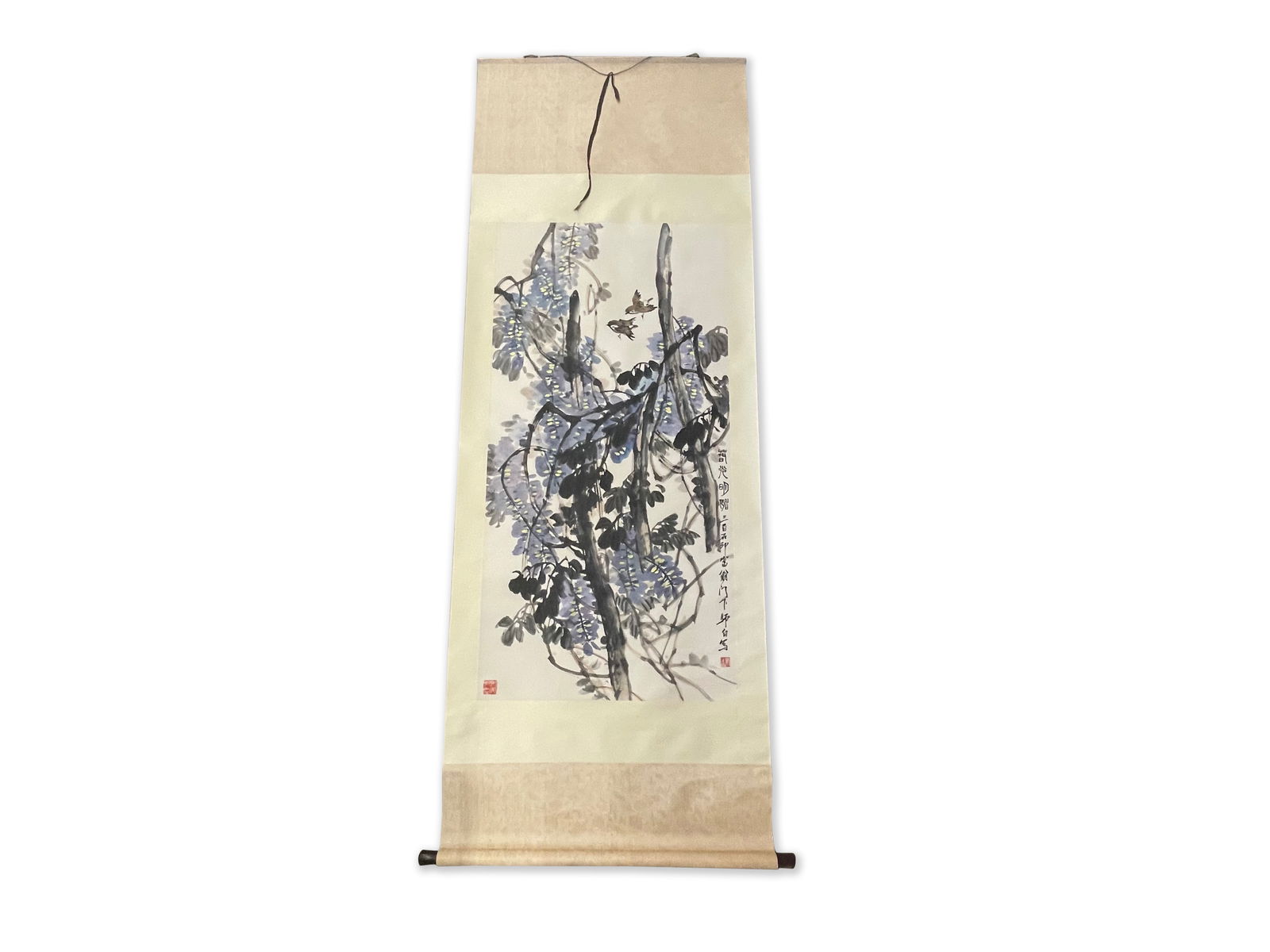 Chinese Watercolor Scroll: A Chinese scroll having a watercolor on paper with bird and tree motif. Signed lower right and with seal mark lower left. Scroll: 90-1/2in x 33in. Watercolor paper: 53in x 25-1/2in. | Philadelphia Met