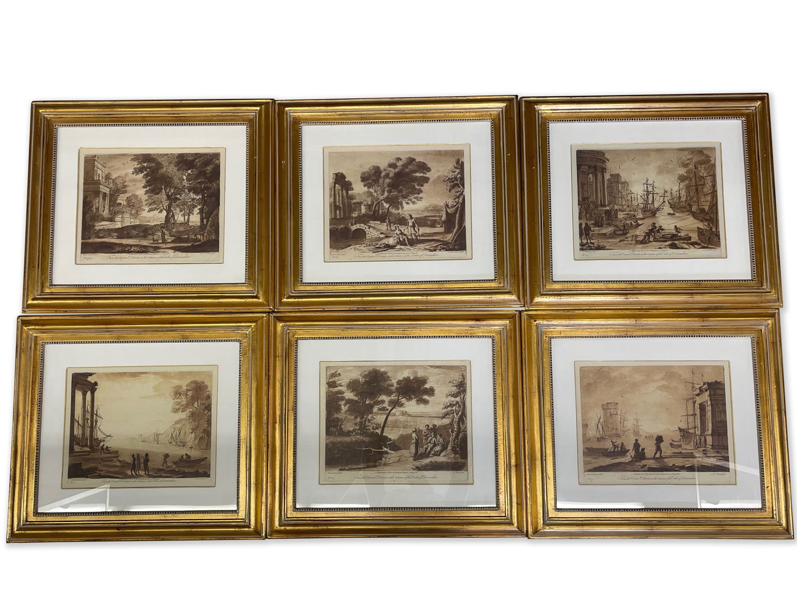Six Claude Le Lorraine Duke Devonshire Engravings: Claude Le Lorraine (French, 18th C). A grouping of six engravings based on the original drawings from the collection of the Duke of Devonshire. Each marked published Aug, 1774 by John Boydell under im