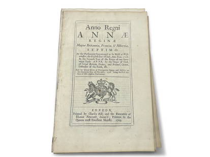 Ten 18th C. Acts of Parliament Documents: Ten 18th C. Acts of Parliament concerning various aspects of the Bank of England. 1709-1765. 214 total pages. Covers reigns of Queen Ann, George I, and George II. 12-1/2in tall x 7-1/2in wide. | Phila