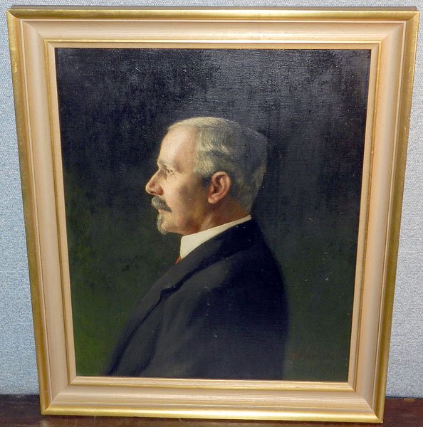 M. Auerbach, Oil on Canvas: M. Auerbach (Myrtle I. Auerbach, 1908-1969), oil on canvas. Portrait profile of gentleman. 23-1/2" x 19-1/2". Double signed. Newman Galleries labels.