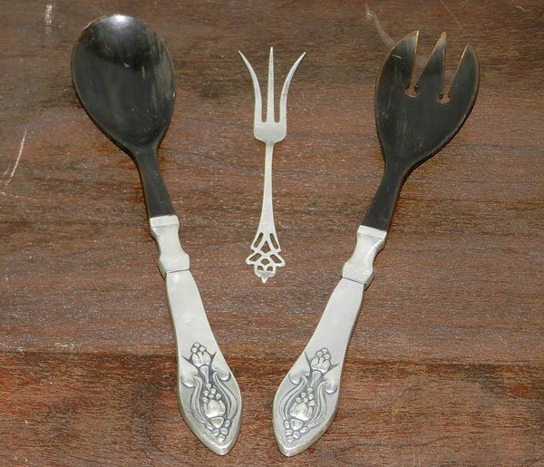 Sterling Serving Pieces: Lot with Danish sterling-handled salad set and Lunt Silversmiths lemon fork. Salad set: marked "GI Sterling Denmark" (9" long; 3.60ozt total; some wear/cracking on bowl of spoon). Lemon fork: (0.25ozt