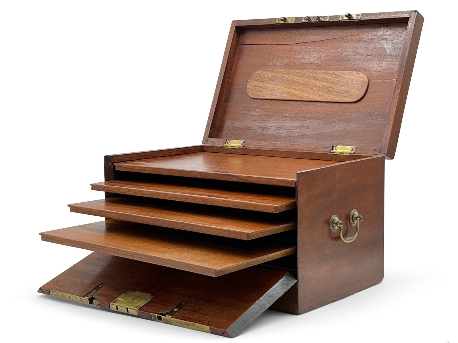 Campaign Mahogany Humidor Box: A Campaign mahogany humidor box of rectangular form with a lift top and fall front revealing slide out trays. 8-1/4in tall x 13-1/2in wide x 8-1/2in deep. | Philadelphia Metro area delivery, NYC curbs