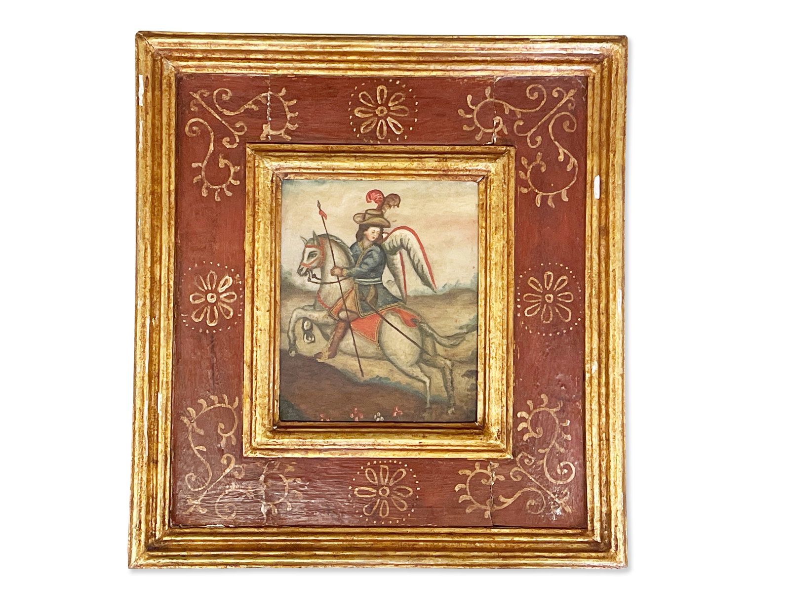18th C. Folk Art Oil/Canvas: An 18th C. folk art oil on canvas of a winged man on horseback. In a gilt decorated frame. 9-1/2in x 7-1/2in. | Philadelphia Metro area delivery, NYC curbside delivery, and international third-party s