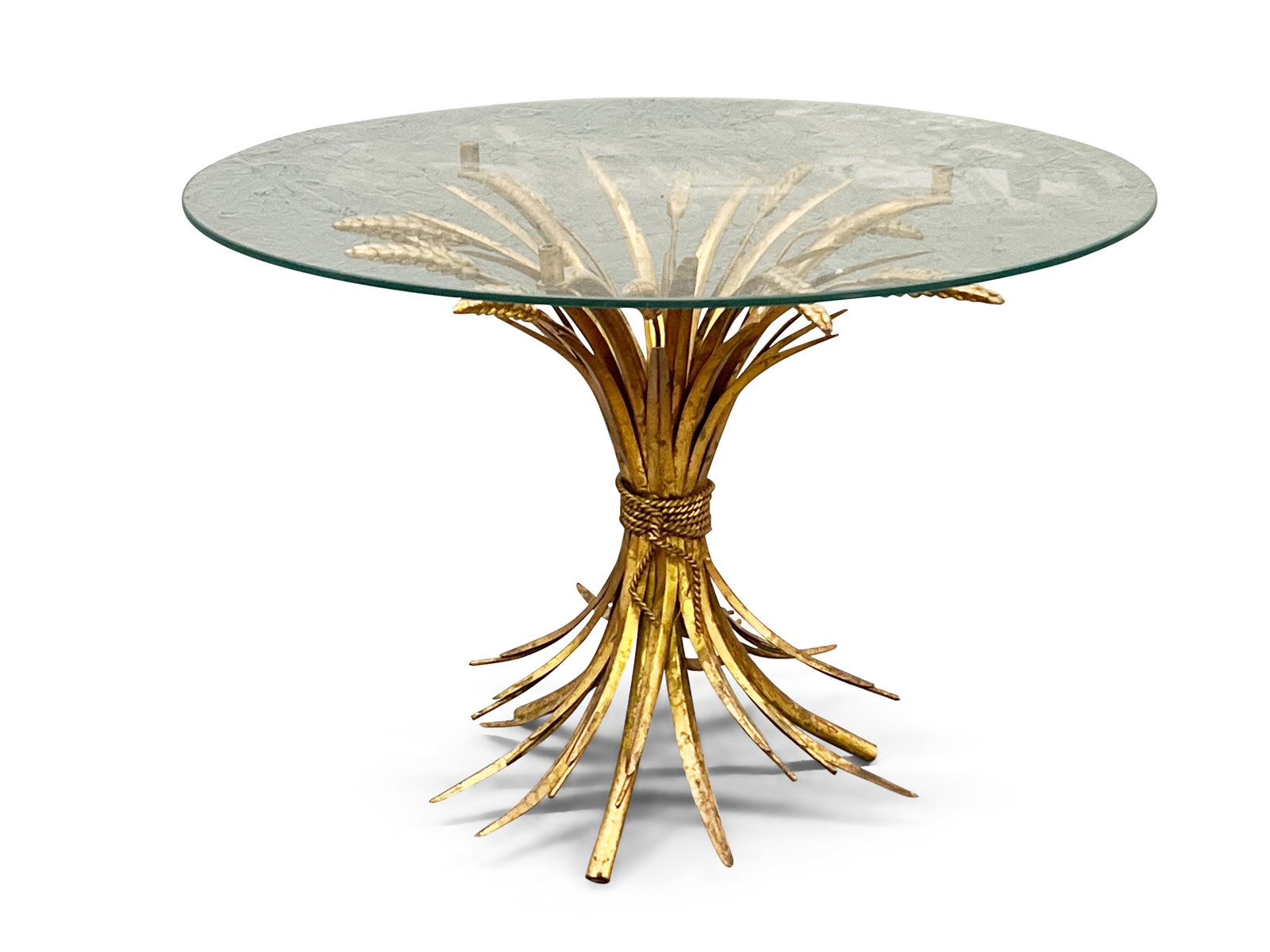 Italian Gilt Metal Wheat Sheath Cocktail Table: An Italian gilt metal wheat sheath base cocktail/side table with a circular glass top. 16-3/4in tall x 23-1/2in diameter. | Philadelphia Metro area delivery, NYC curbside delivery, and international t