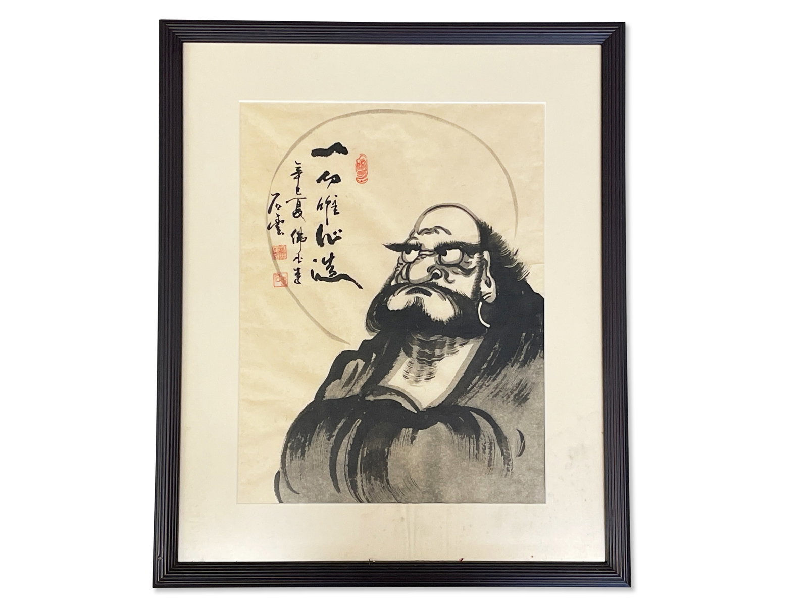 Bodiharma Ink/Paper Drawing of Scholar: A bodiharma ink on paper drawing of a scholar with character detail and seal signature. Mat opening: 17in x 13in. Frame: 24in x 19-1/2in. | Philadelphia Metro area delivery, NYC curbside delivery, and