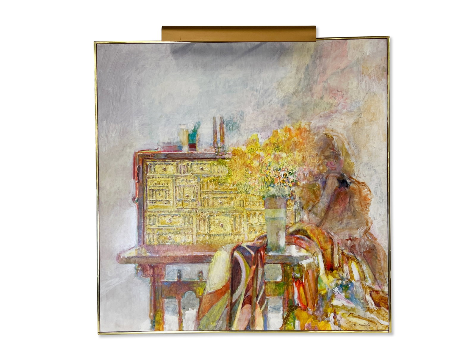 Morton Kaish. Oil/Linen, Vargueno: Morton Kaish (American, b. 1927). An oil on linen depicting a woman, titled "Vargueno" (Sunday Morning). Signed lower right and signed titled and dated 1983 on back with Carspecken Scott Gallery label