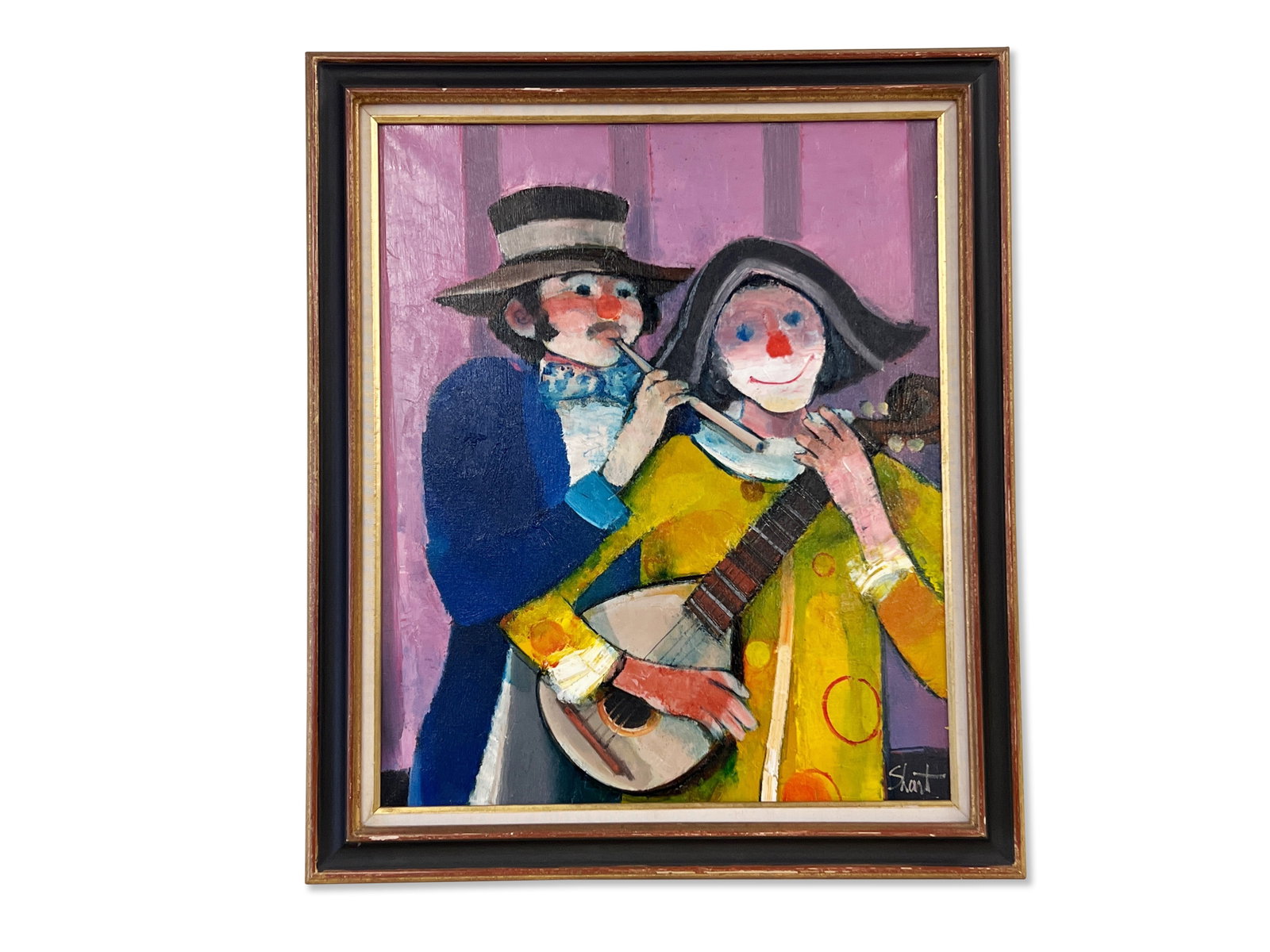 Serge Shart. Oil/Canvas, Les Cabotins: Serge Shart (French, 1927-2011). An oil on canvas depicting two musicians, titled "Les Cabotins". Signed lower right and signed, titled, and dated 1981 on back. Canvas: 25-1/2in x 21in. Outside frame: