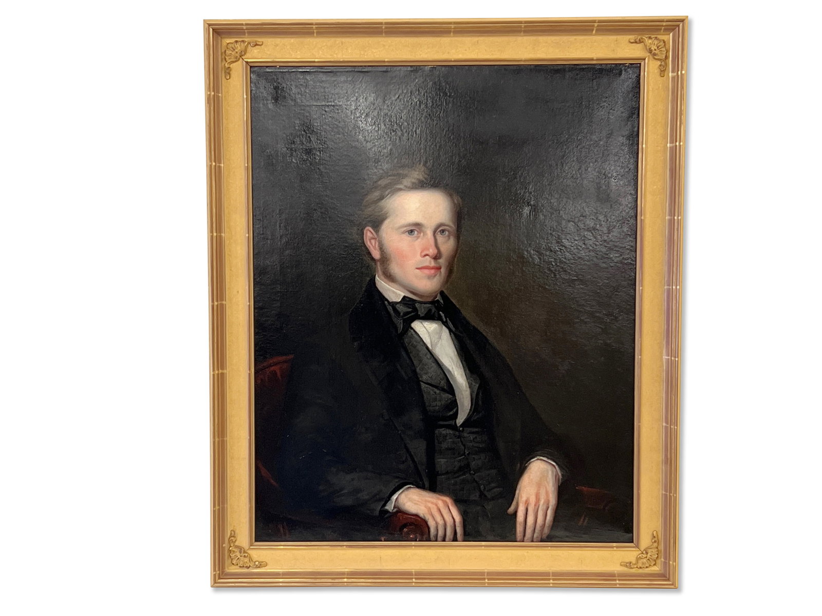 19th C. Oil/Canvas, Portrait of a Gentleman: A 19th C. oil on canvas portrait of a gentleman in a gilt frame. Canvas: 36in x 29in. Outside frame: 42in x 35in. | Philadelphia Metro area delivery, NYC curbside delivery, and international third-par