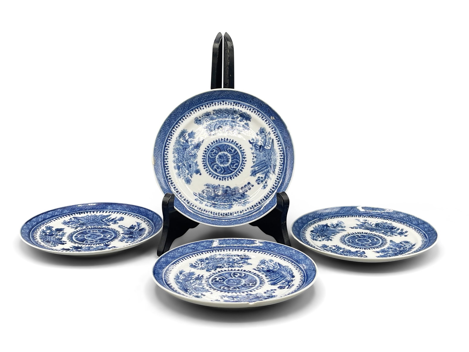 Four Chinese Fitzhugh Blue & White Plates: Four Chinese Fitzhugh blue and white porcelain plates with botanical designs. 6in wide. | Philadelphia Metro area delivery, NYC curbside delivery, and international third-party shipper information are