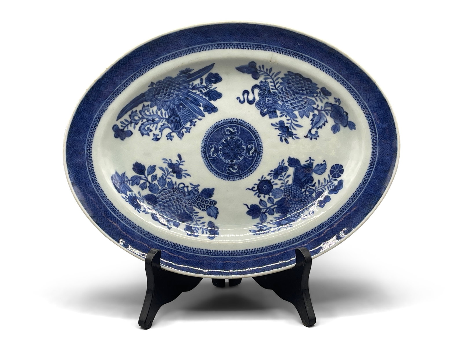 Chinese Fitzhugh Blue & White Platter: A Chinese Fitzhugh porcelain blue and white platter. 9in tall x 12in wide. | Philadelphia Metro area delivery, NYC curbside delivery, and international third-party shipper information are all availabl