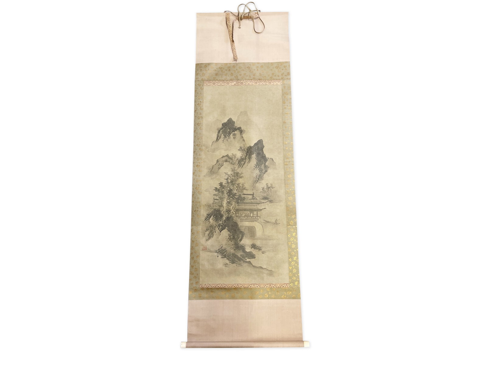 Japanese Watercolor Scroll: A Japanese scroll with a watercolor on paper depicting a mountain landscape. Signed lower left. Scroll: 76in x 23in. | Philadelphia Metro area delivery, NYC curbside delivery, and international third-