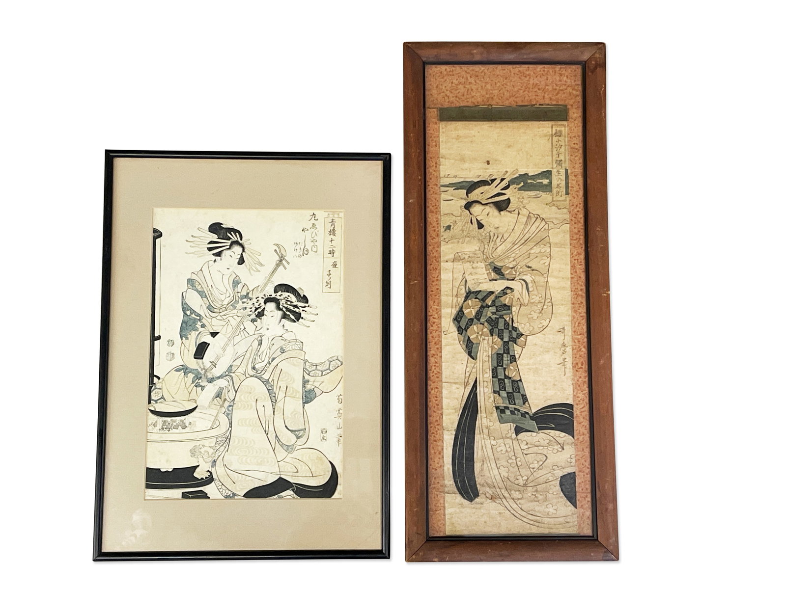 Two Japanese Woodblock Prints: Two Japanese woodblocks to include a 19th C. Yeizan print and a Geisha print. Larger: 25in x 10-1/2in. | Philadelphia Metro area delivery, NYC curbside delivery, and international third-party shipper 