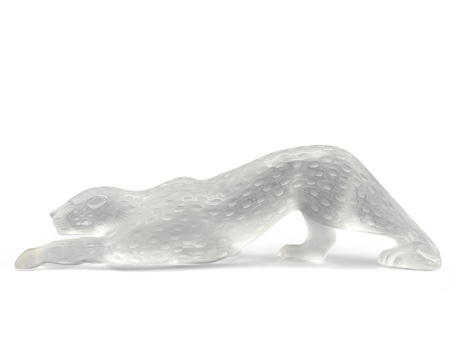 Lalique Crystal Crouching Panther: A Lalique crystal crouching panther figure. Signed Lalique on underside. 5in tall x 13-1/2in wide. | Philadelphia Metro area delivery, NYC curbside delivery, and international third-party shipper info