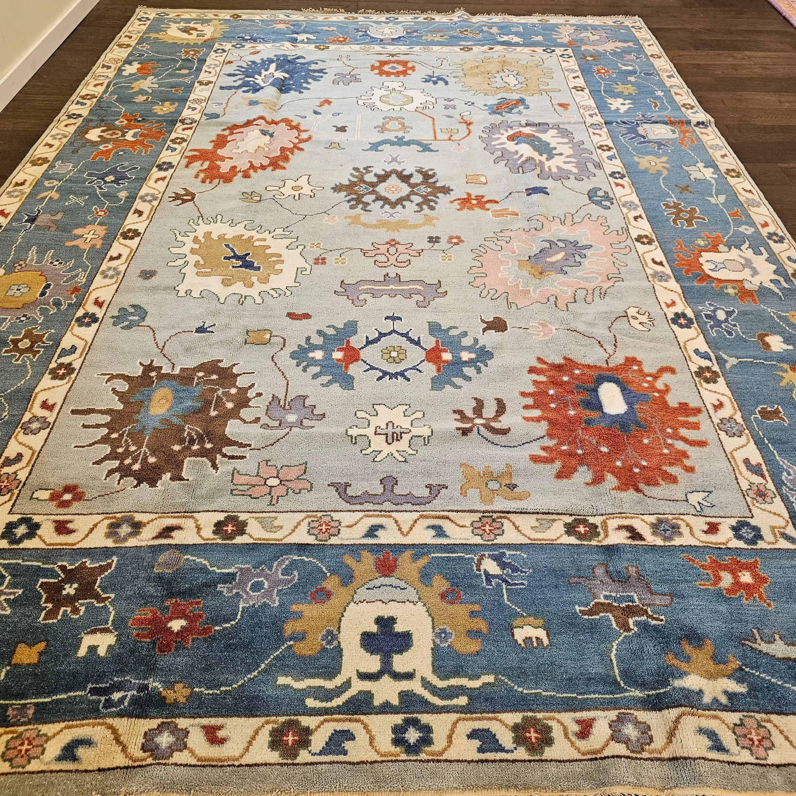 Turkish Blue Oushak Room-size Carpet, 14ft x 11ft (1 of 5)