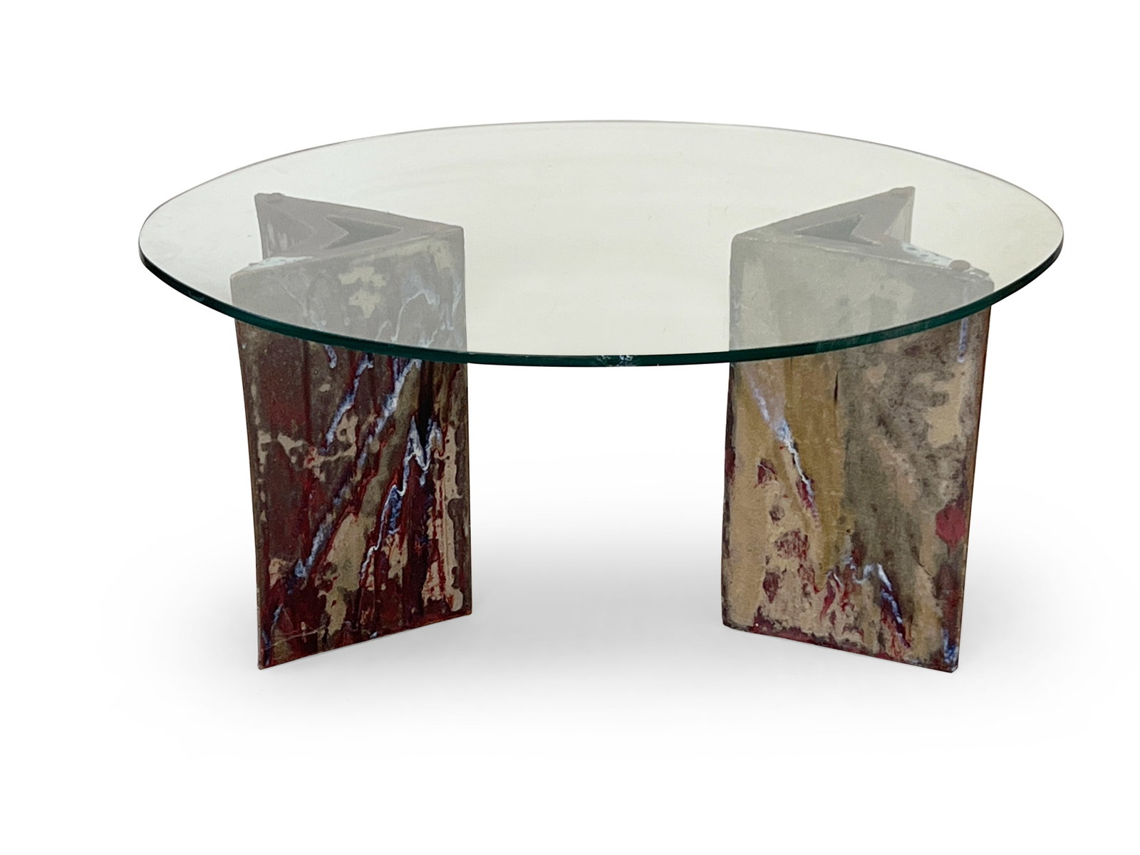 Studio Pottery Cocktail Table: A studio pottery cocktail table with an oval glass top over two glazed art pottery bases. 18-3/4in tall x 37-1/4in wide x 27-1/2in deep. | Philadelphia Metro area delivery, NYC curbside delivery, and 