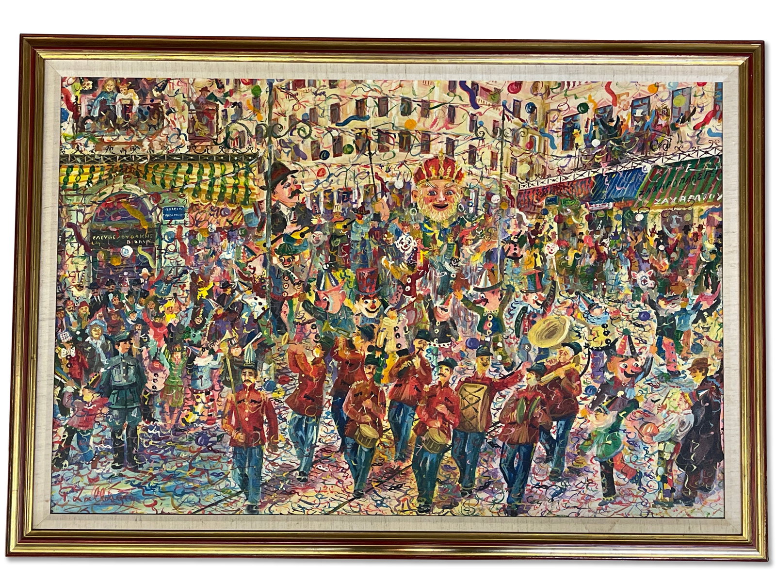 Signed Oil/Canvas, Abstract Parade: An oil on canvas depicting an abstract technicolor parade. Signed illegibly lower left. Canvas: 23in x 34-1/2in. Frame: 27in x 39in. | Philadelphia Metro area delivery, NYC curbside delivery, and inte