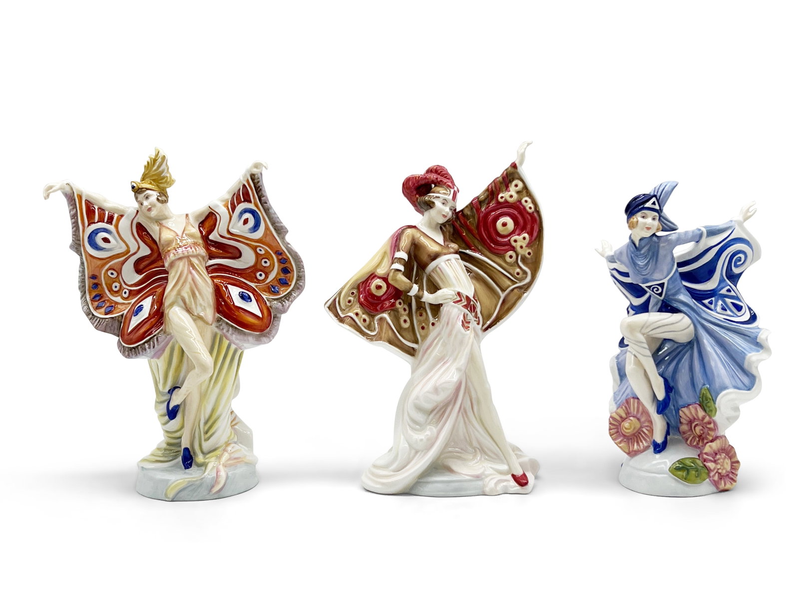 Three Royal Doulton Porcelain Butterfly Ladies: Three limited edition Royal Doulton porcelain Butterfly Ladies figures: Holly Blue, The Peacock, and Painted Lady. Largest: 10in tall x 7in wide. | Philadelphia Metro area delivery, NYC curbside deliv