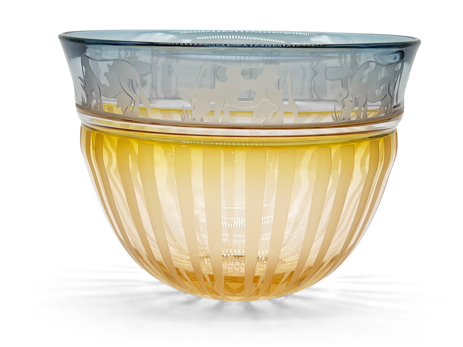 Gary Genetti Etched Art Glass Bowl: A Gary Genetti etched art glass bowl with a cow border. Signed "Genetti" on base. 6in tall x 8-1/2 in diameter. | Philadelphia Metro area delivery, NYC curbside delivery, and international third-party