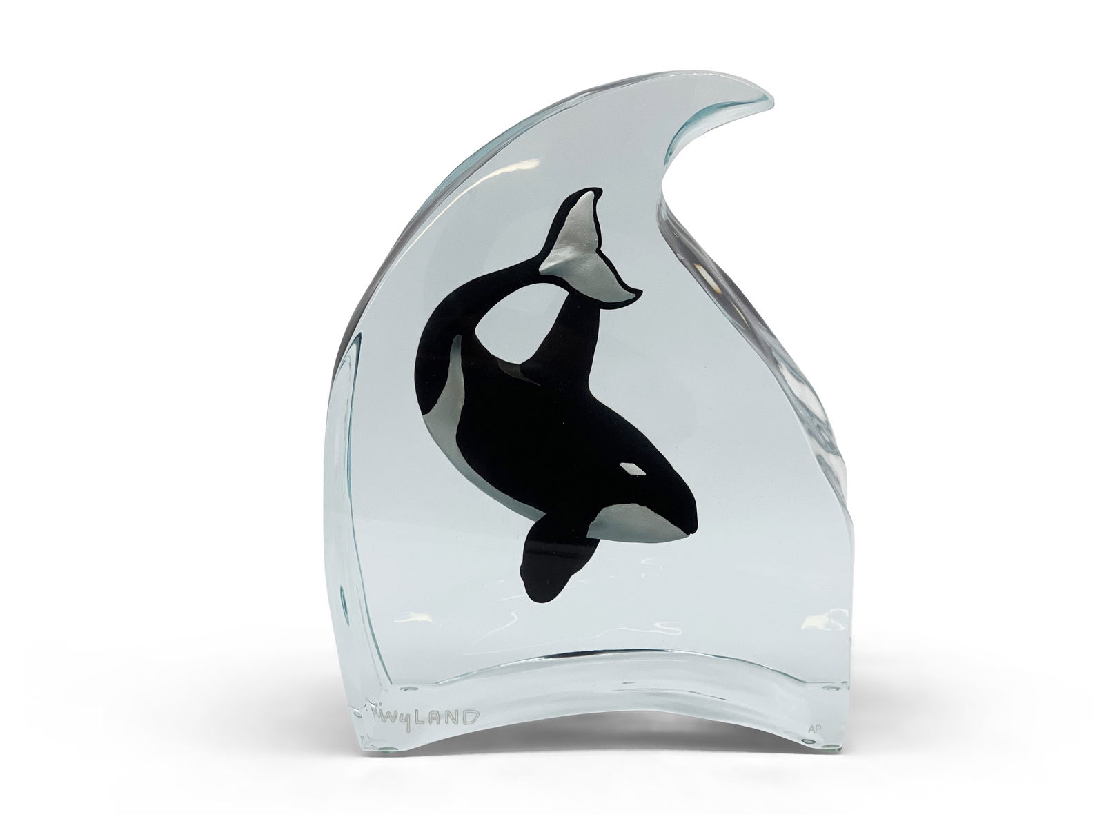 Robert Wyland Lucite Orca Sculpture: Robert Wyland (American, 1956- ). A lucite sculpture depicting a single orca whale in a wave. Signed lower left. Artist Proof. 10in tall x 7-3/4in wide x 4-1/2in deep. | Philadelphia Metro area delive