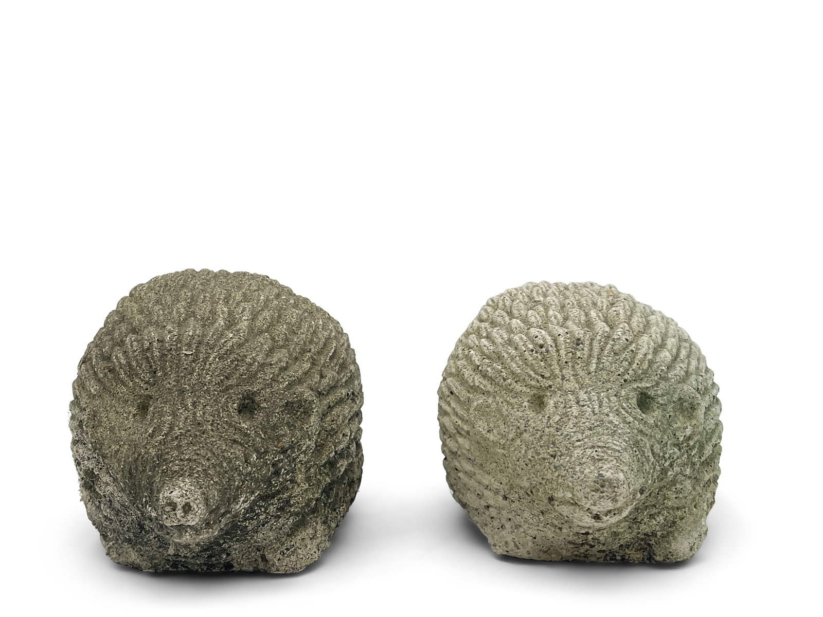 Pair of Concrete Hedgehog Statues: A pair of concrete hedgehog statues. 5in tall x 4-1/2in wide. | Philadelphia Metro area delivery, NYC curbside delivery, and international third-party shipper information are all available on our webs