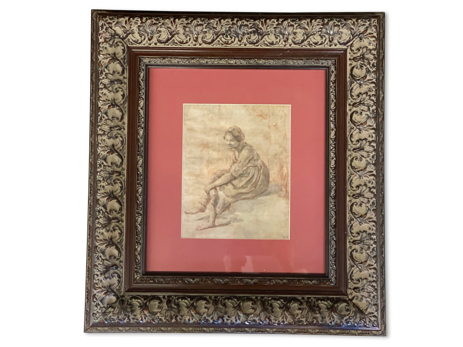Old Masters Sanguine/Watercolor, Woman: An Old Masters sanguine and watercolor illustration of a seated woman. Signed "P.P." lower right. Mat opening: 8-1/2in x 7in. | Philadelphia Metro area delivery, NYC curbside delivery, and internation