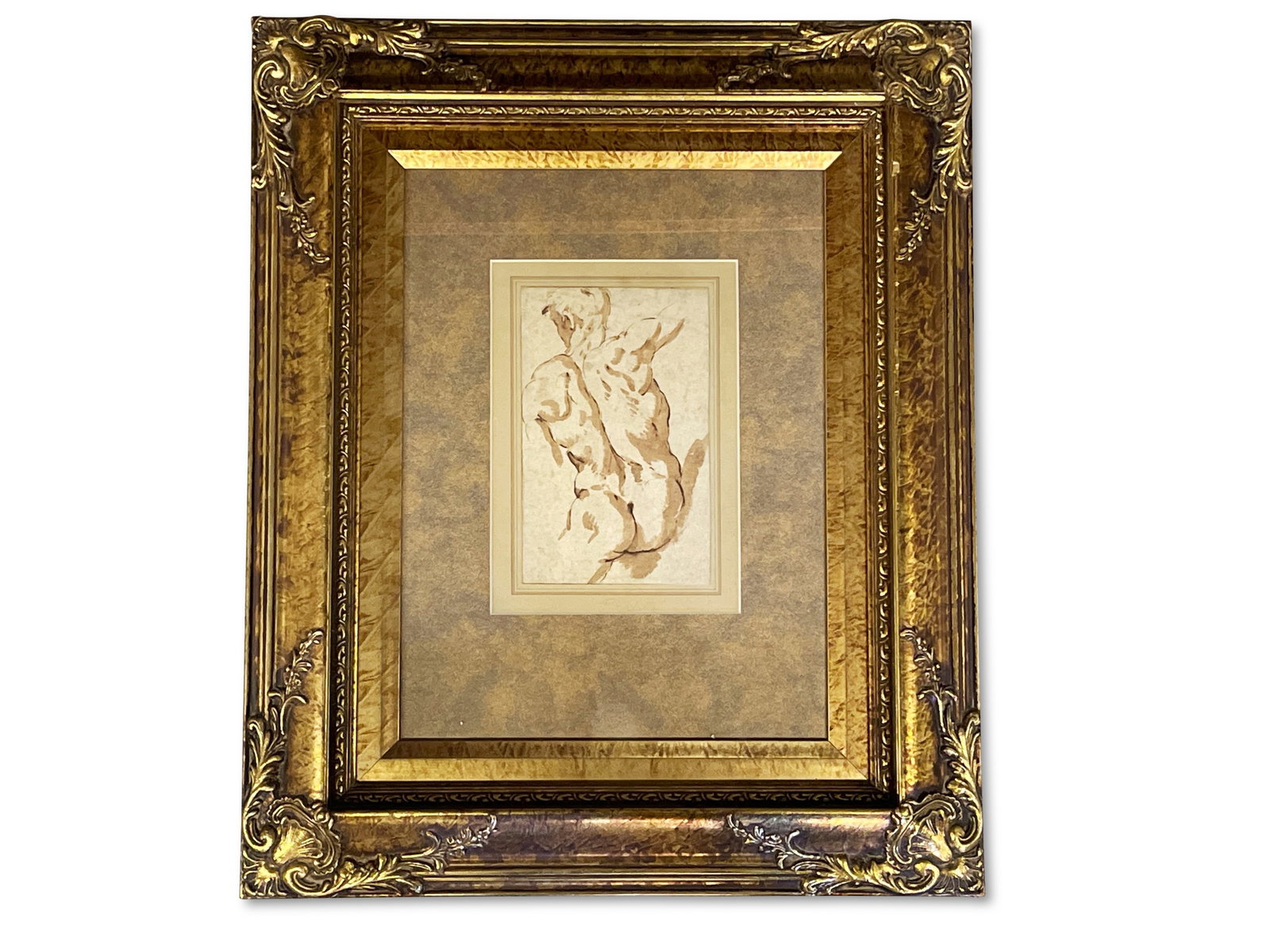 Old Masters Illustration/Paper, Male Nude: An Old Masters watercolor/paper depicting male nude. Signed illegibly on matting. Paper: 8in x 5in. Frame: 23-1/2in x 19-1/2in. | Philadelphia Metro area delivery, NYC curbside delivery, and internati