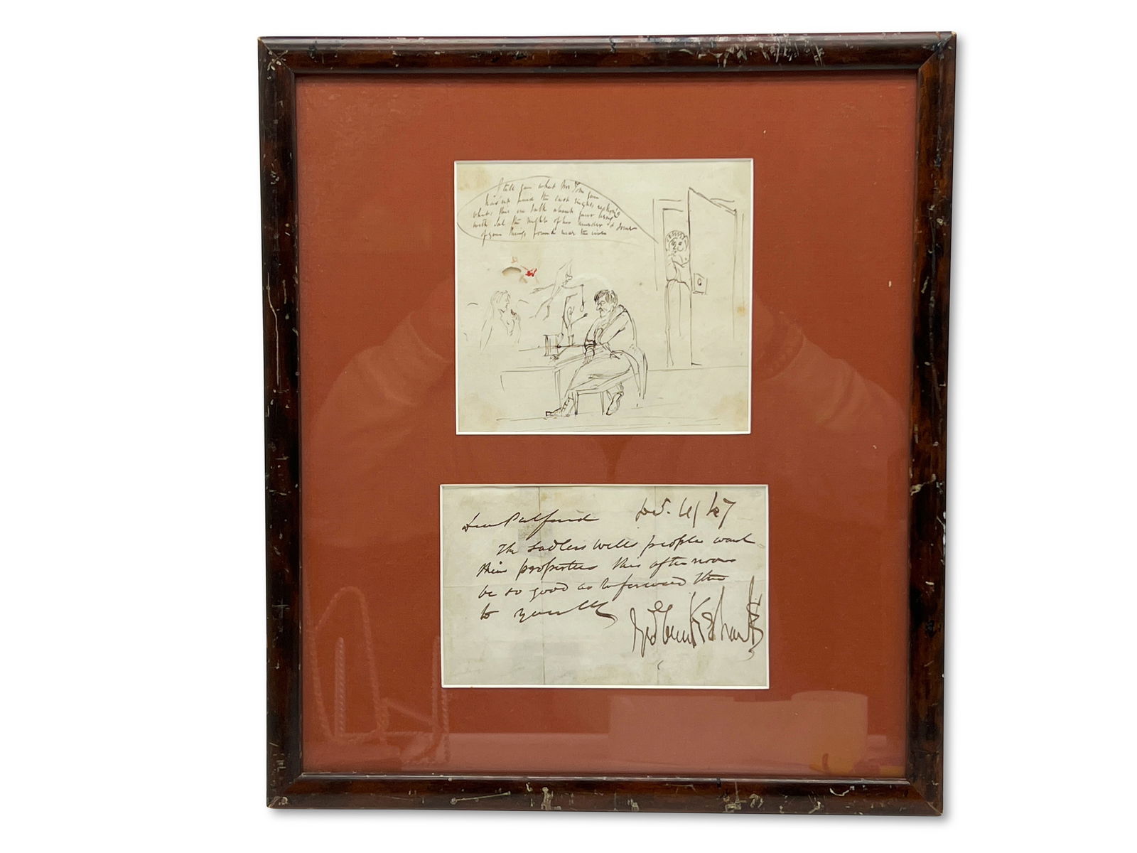 George Cruikshank Original Sketch and Letter: George Cruikshank (English, 1792-1878). An ink illustration framed with a written and signed letter. Mat opening of illustration: 5-5/8 in x 6-1/4 in. Outside frame: 16-1/2 in x 14-1/2 in. | Philadelp
