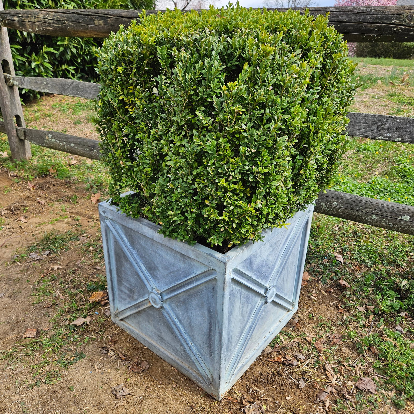 Restoration Hardware Zinc Garden Planter: An attributed to Restoration Hardware zinc garden planter with X-design. Approx. 22in x 22in. | Philadelphia Metro area delivery, NYC curbside delivery, and international third-party shipper informati