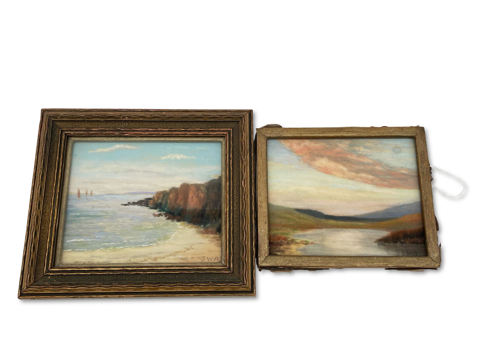 Two John White Alexander Miniature Pastels: John White Alexander (American, 1856-1915). Two miniature pastels on paper landscapes. Each signed J.W.A." and attributed on back. Larger mat opening: 4-1/2in x 5-1/2in. Frame: 6-1/2in x 7-1/2in. | Ph