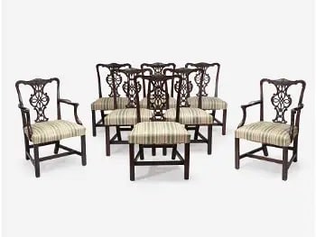 Eight George III-style Carved Mahogany Chairs: A set of eight George III-style carved mahogany dining chairs with shaped and pierced splats. Armchairs: 38in tall x 25in wide x 20in deep. | Philadelphia Metro area delivery, NYC curbside delivery, a