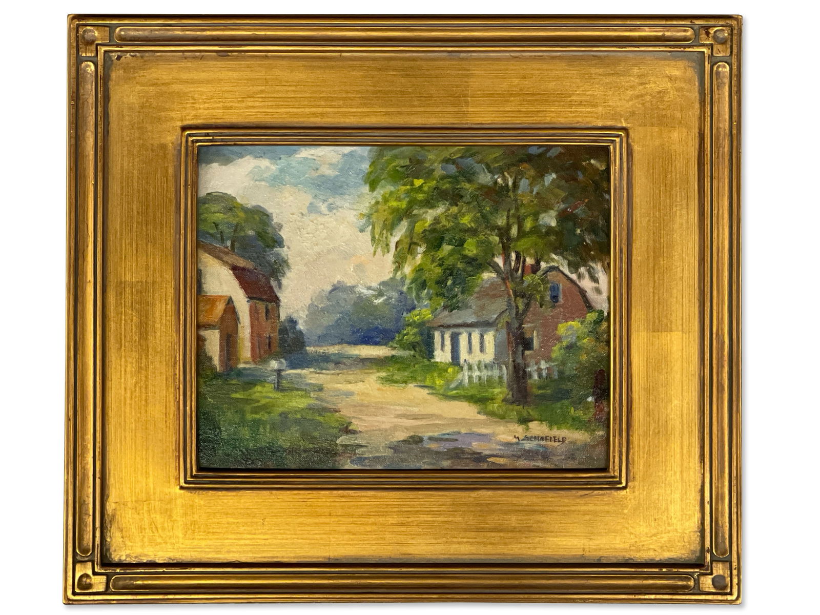 Michael Schofield. Oil/Board, Farm House: Michael Schofield (American, 20th C). An oil on board depicting an idyllic farm house and landscape. Signed "M. Schofield" lower right. In a gilt wood frame. Board: 7-1/2in x 9-1/2in. Frame: 13-1/2in