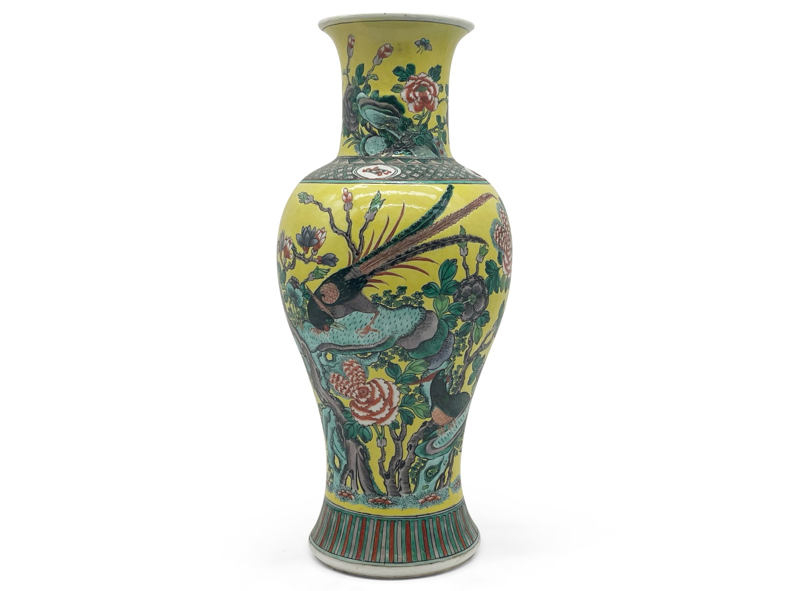 Chinese Famille Jeune Vase: A Chinese famille jeune porcelain vase with peacock motif. 18in tall x 7in wide. | Philadelphia Metro area delivery, NYC curbside delivery, and international third-party shipper information are all av