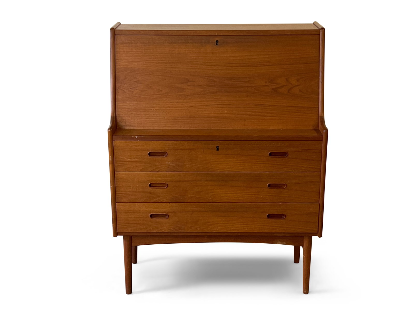 Danish Modern Teak Secretary Desk: A Danish modern teak fall-front secretary desk with a fitted interior, raised on tapering legs. 43in tall x 33-1/2in wide x 17-1/4in deep. | Philadelphia Metro area delivery, NYC curbside delivery, an